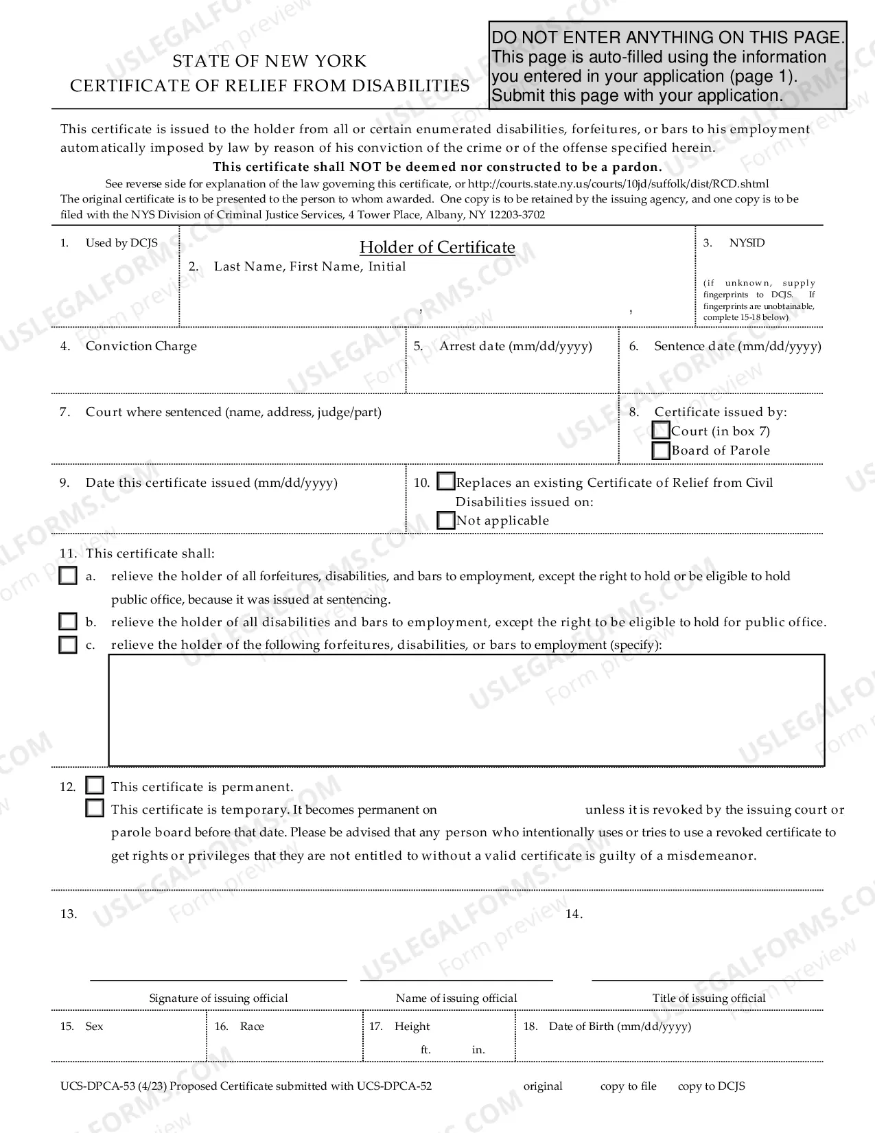Preview Application by an Eligible Offender for a Certificate of Relief from Disabilities