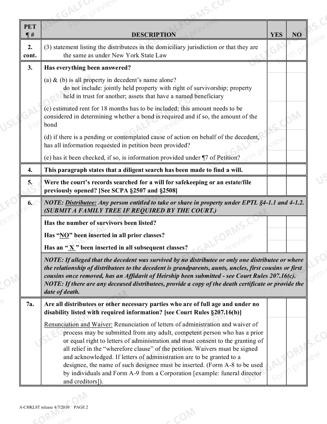 Preview Administration Proceeding Checklist