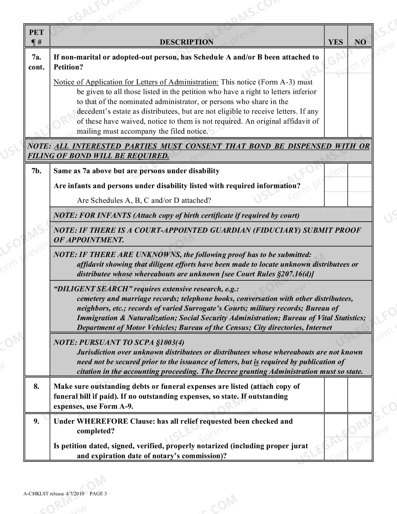 Preview Administration Proceeding Checklist