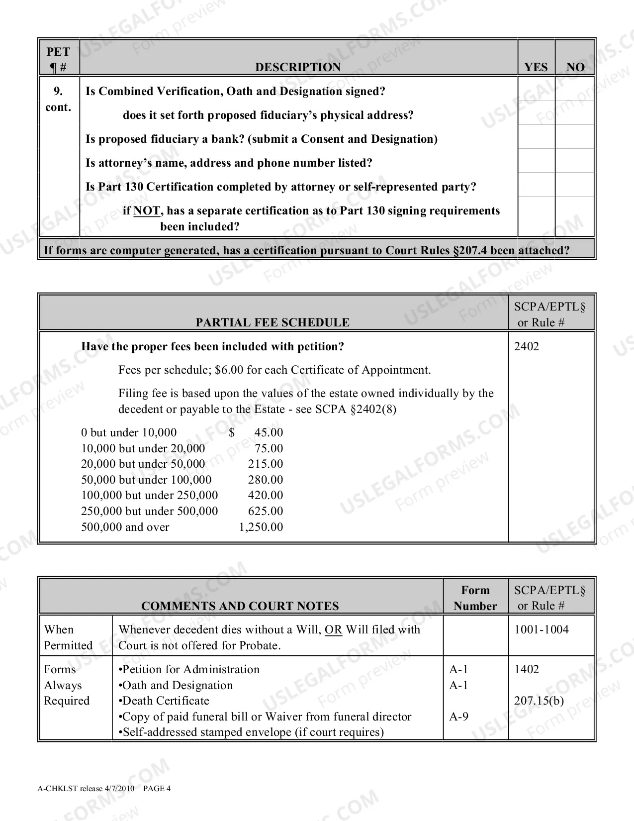 Preview Administration Proceeding Checklist