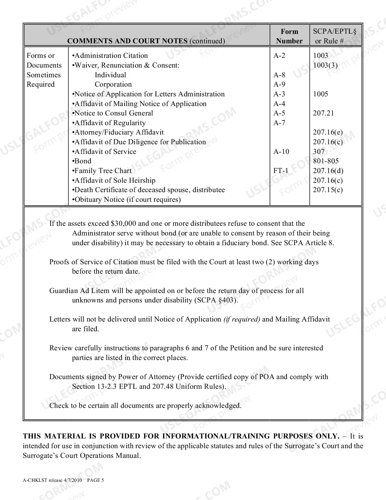 Preview Administration Proceeding Checklist