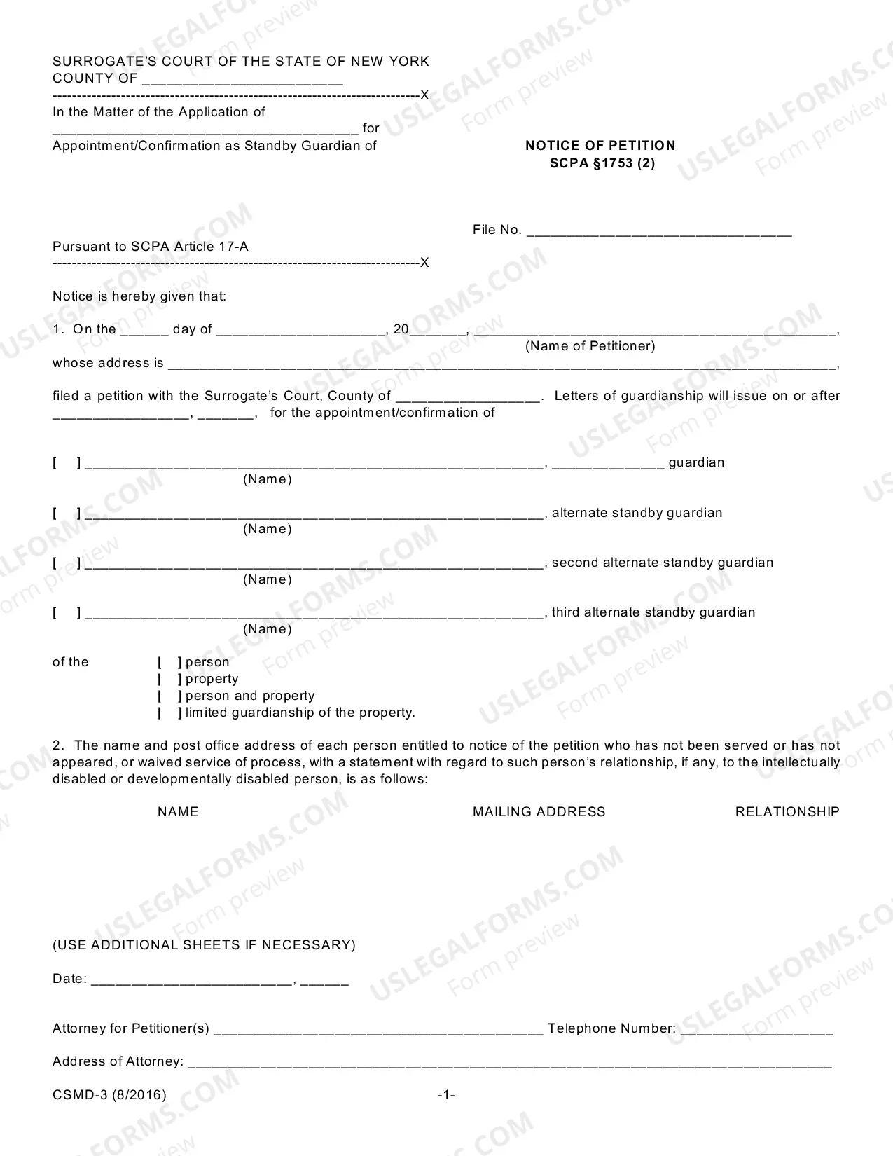 Preview Petition for Appointment/Confirmation of Standby Guardian (SCPA Article 1757) [CSMD-1,CSMD-2,CSMD-3,CSMD-4,CSMD-5,CSMD-6]