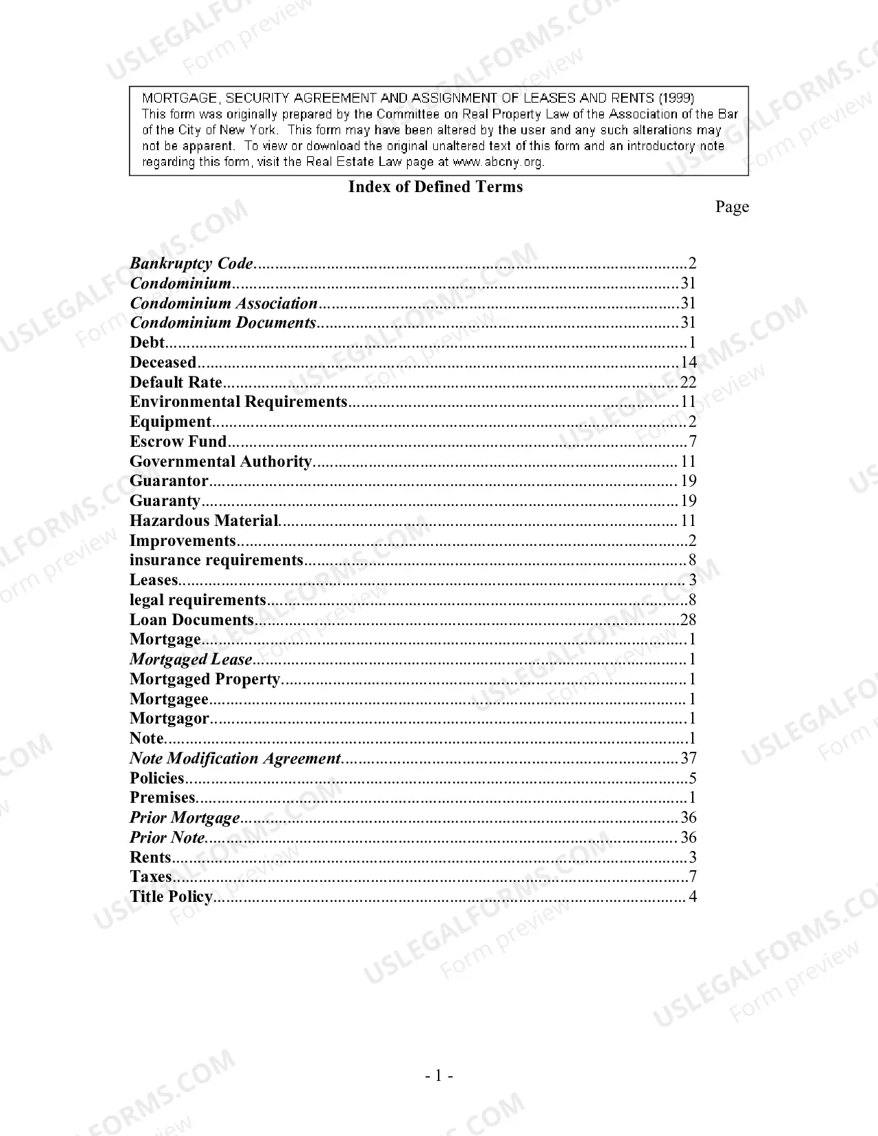 Preview Mortgage Security Agreement And Assignment of Leases And Rents