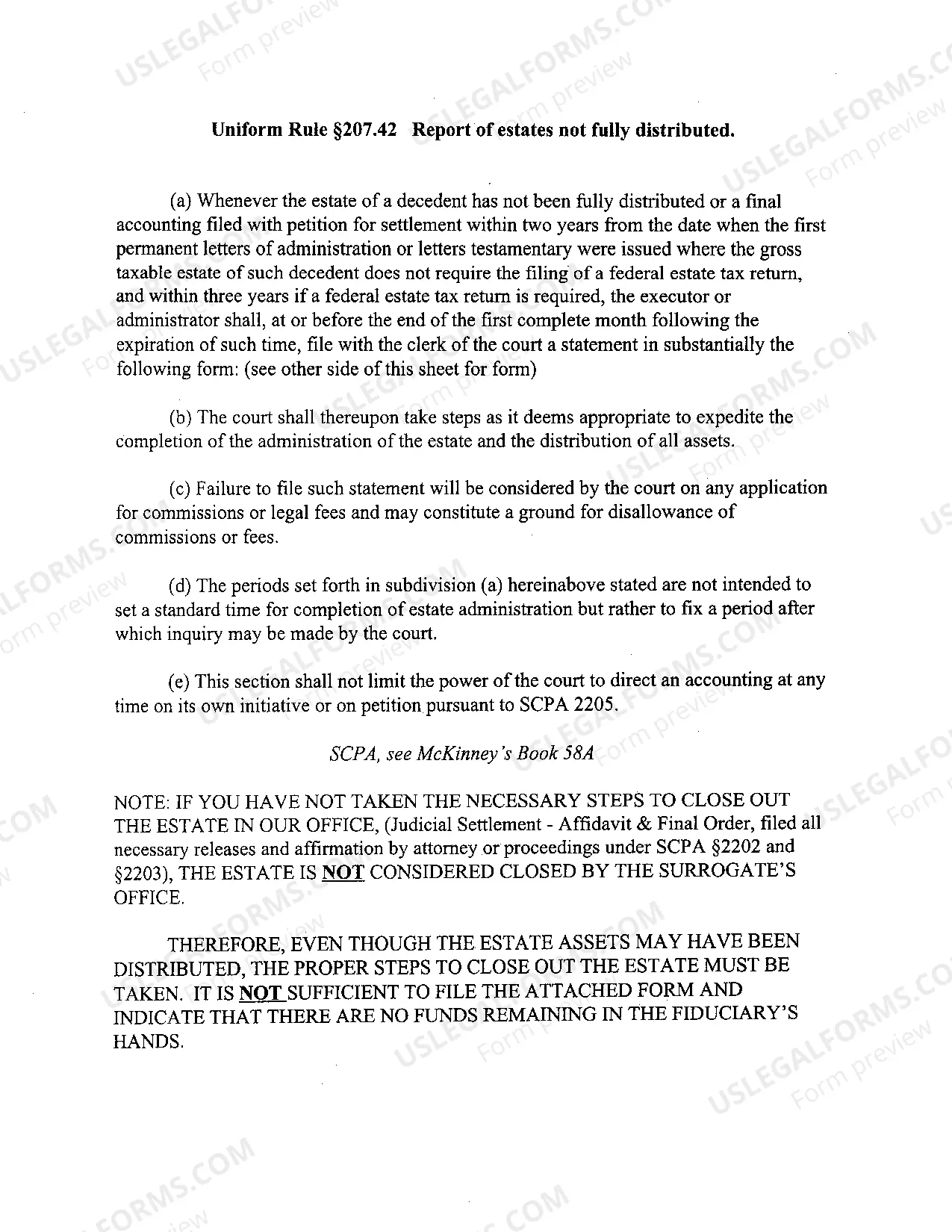 Preview Report of Estate Not Fully Distributed (22 NYCRR 207.42)
