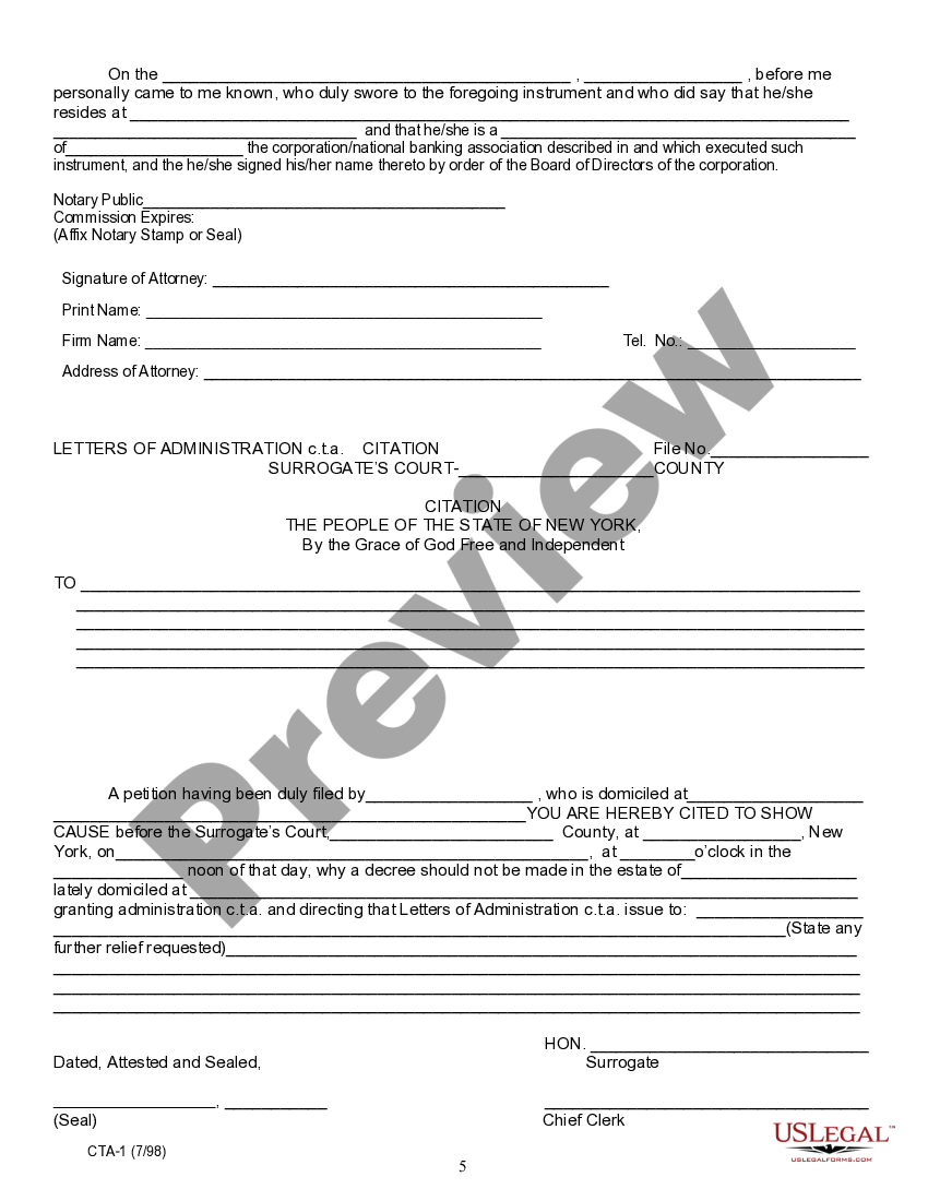 New York Petition for Letters of Administration after Probate