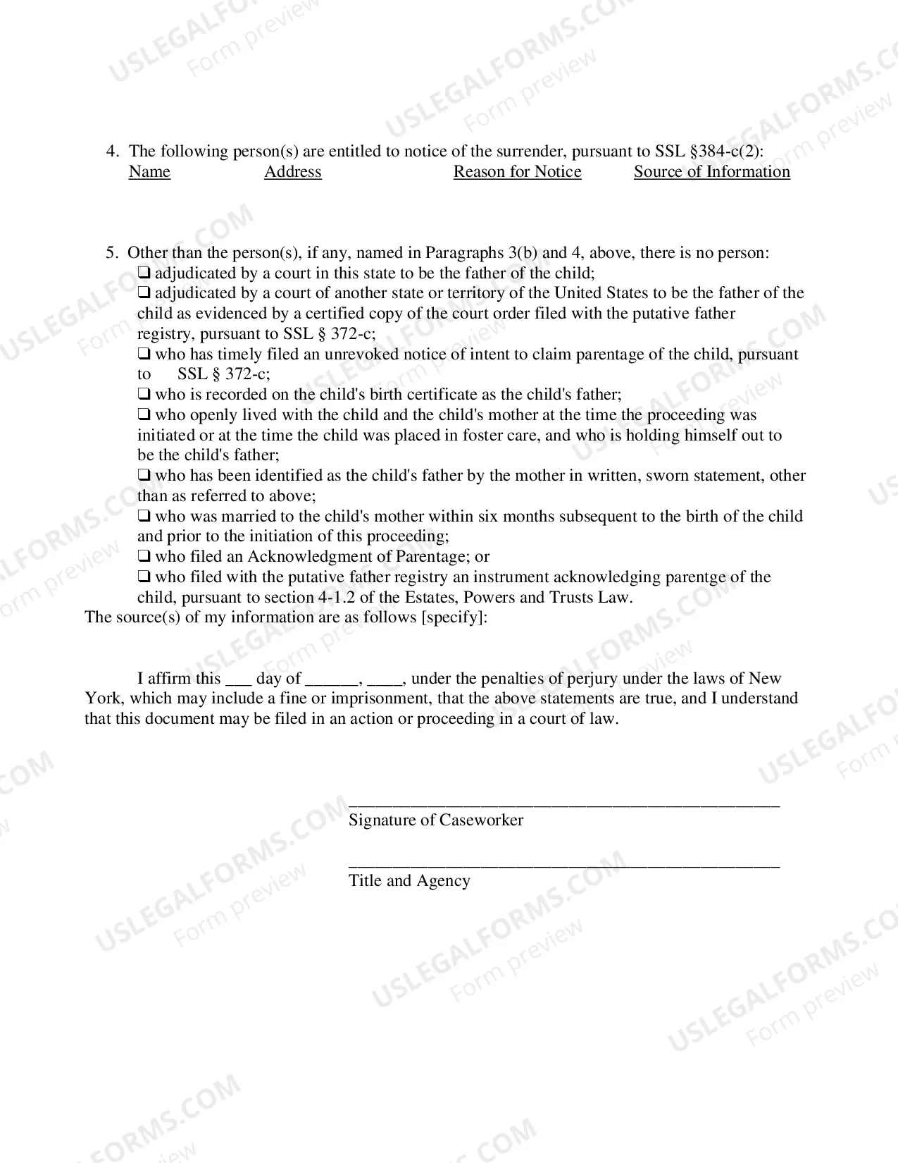 Preview Affidavit of Caseworker Regarding Persons Entitled To Notice of Surrender of Child In Foster Care