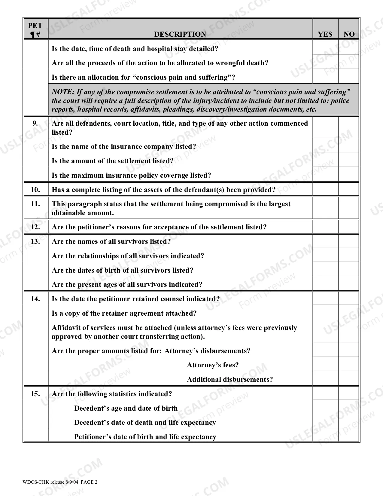 Preview Wrongful Death Compromise Settlement Proceeding Checklist