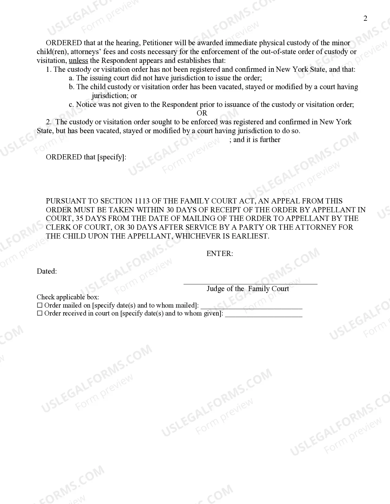 Preview Order To Appear On Petition To Enforce Custody Or Visitation Order