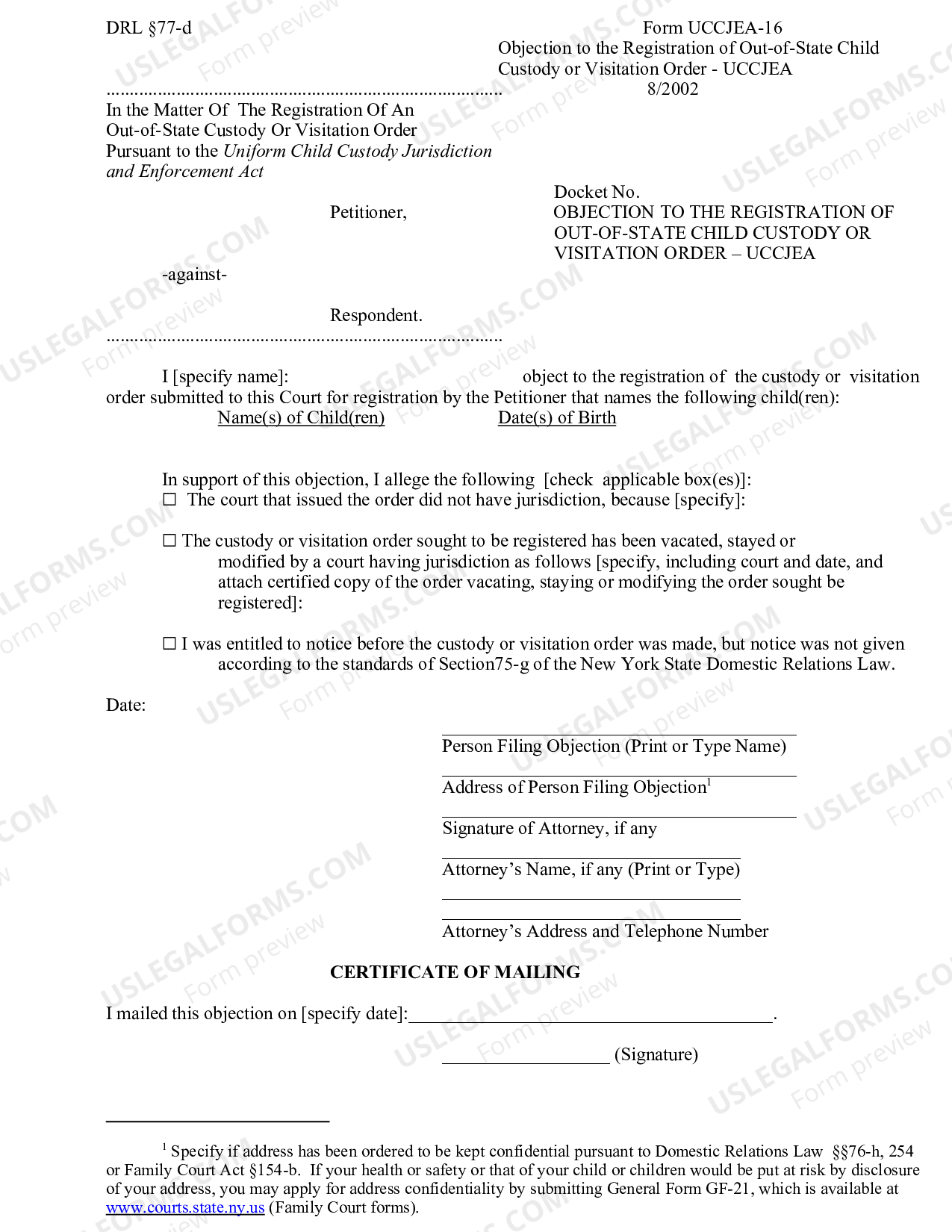Yonkers New York Objection To The Registration Of Out of State Child 