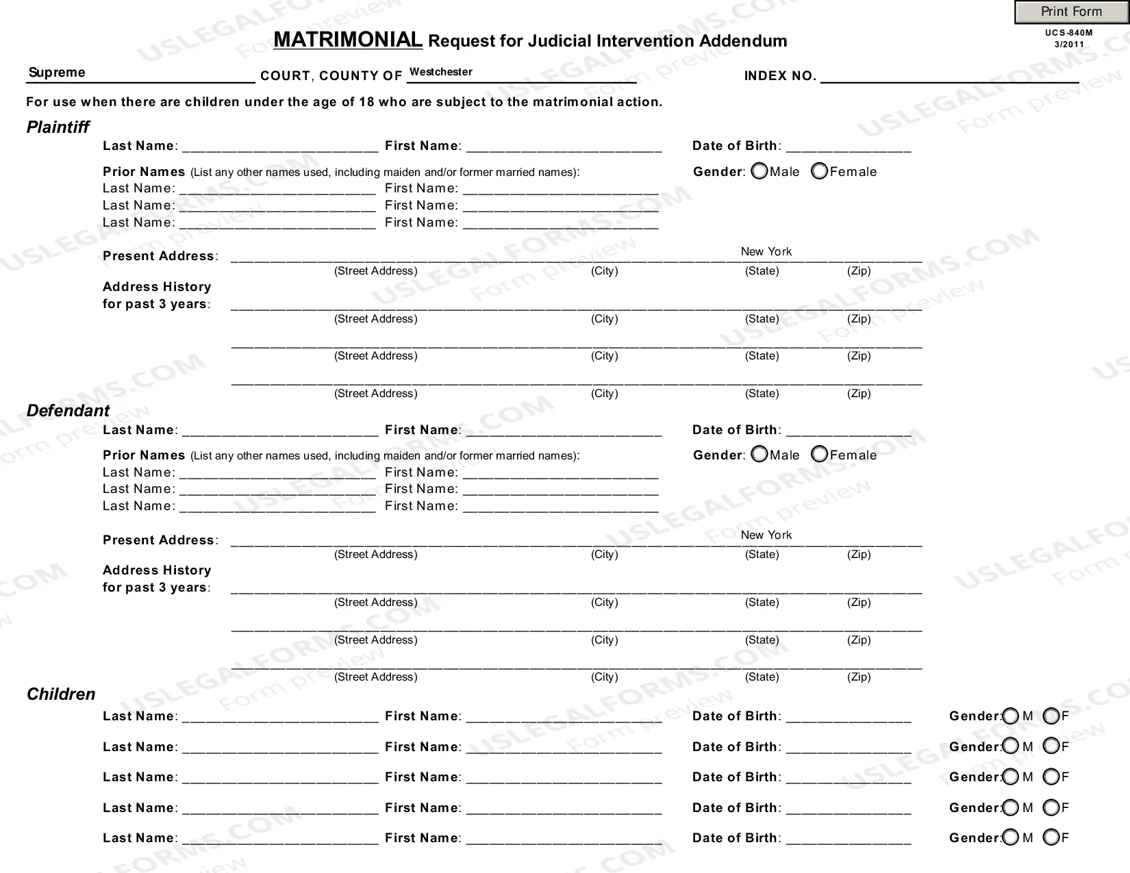 Preview Divorce, Uncontested, RJI w/Matrimonial Addendum