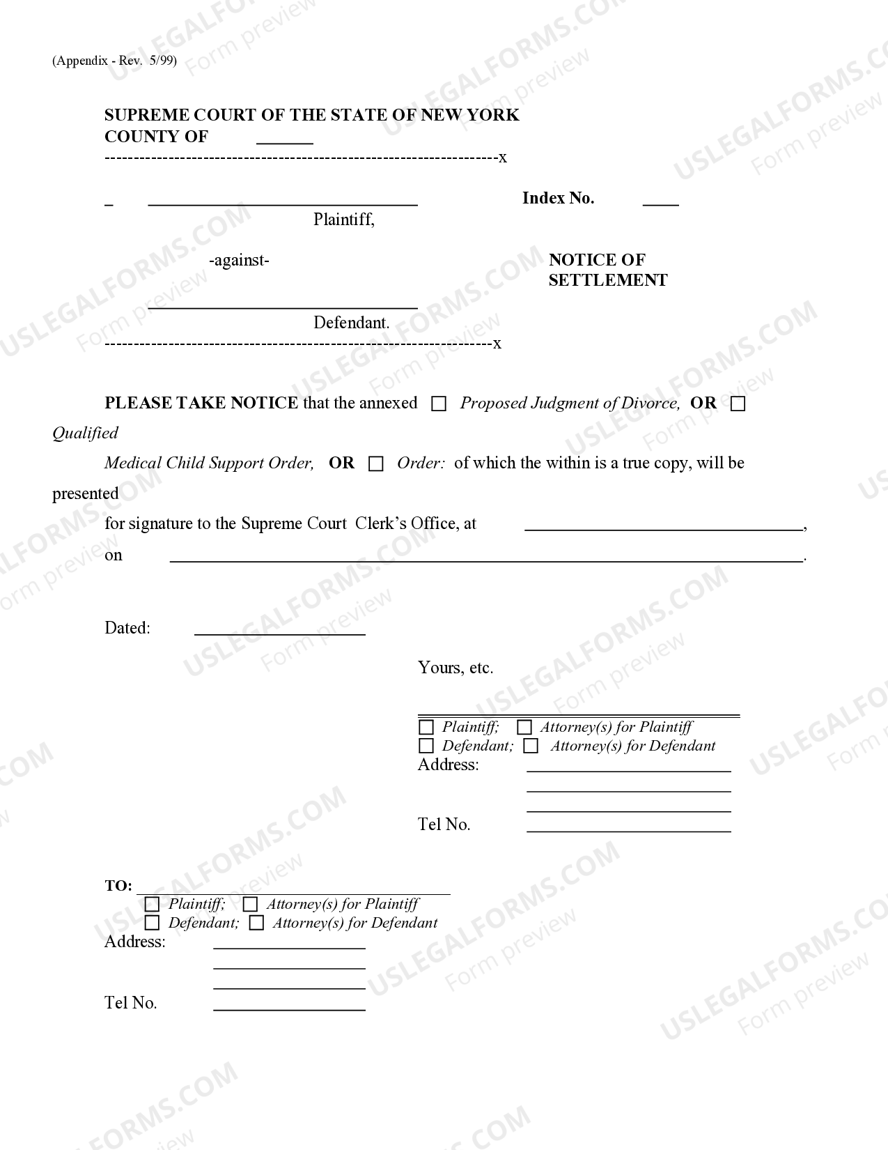 Kings New York Notice of Settlement Notice Of Settlement Ny US