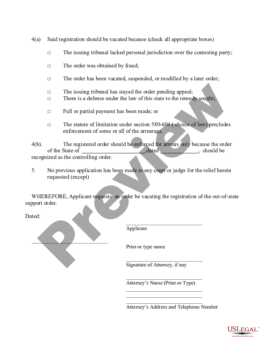 page 1 Petition to Vacate Registration of Out of state Support Order preview