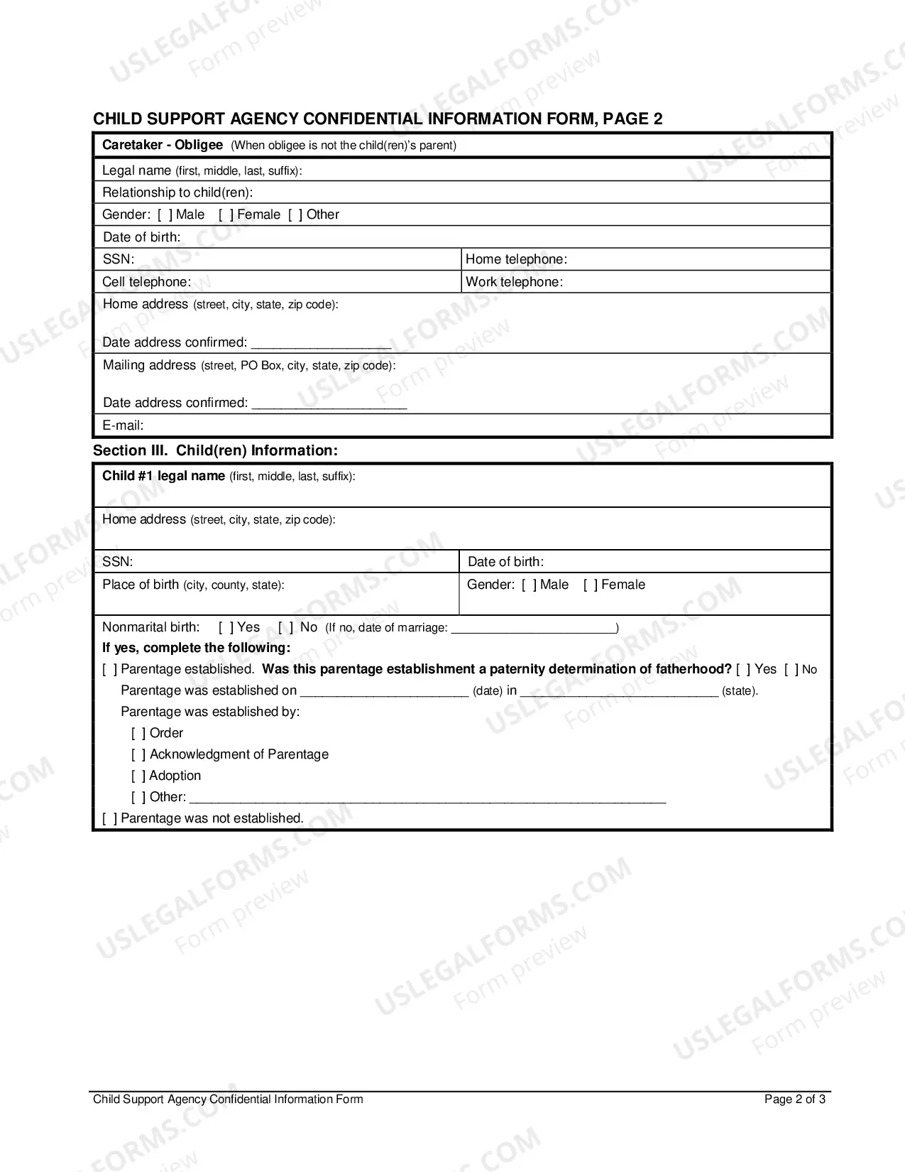 Preview Child Support Agency Confidential Information Form