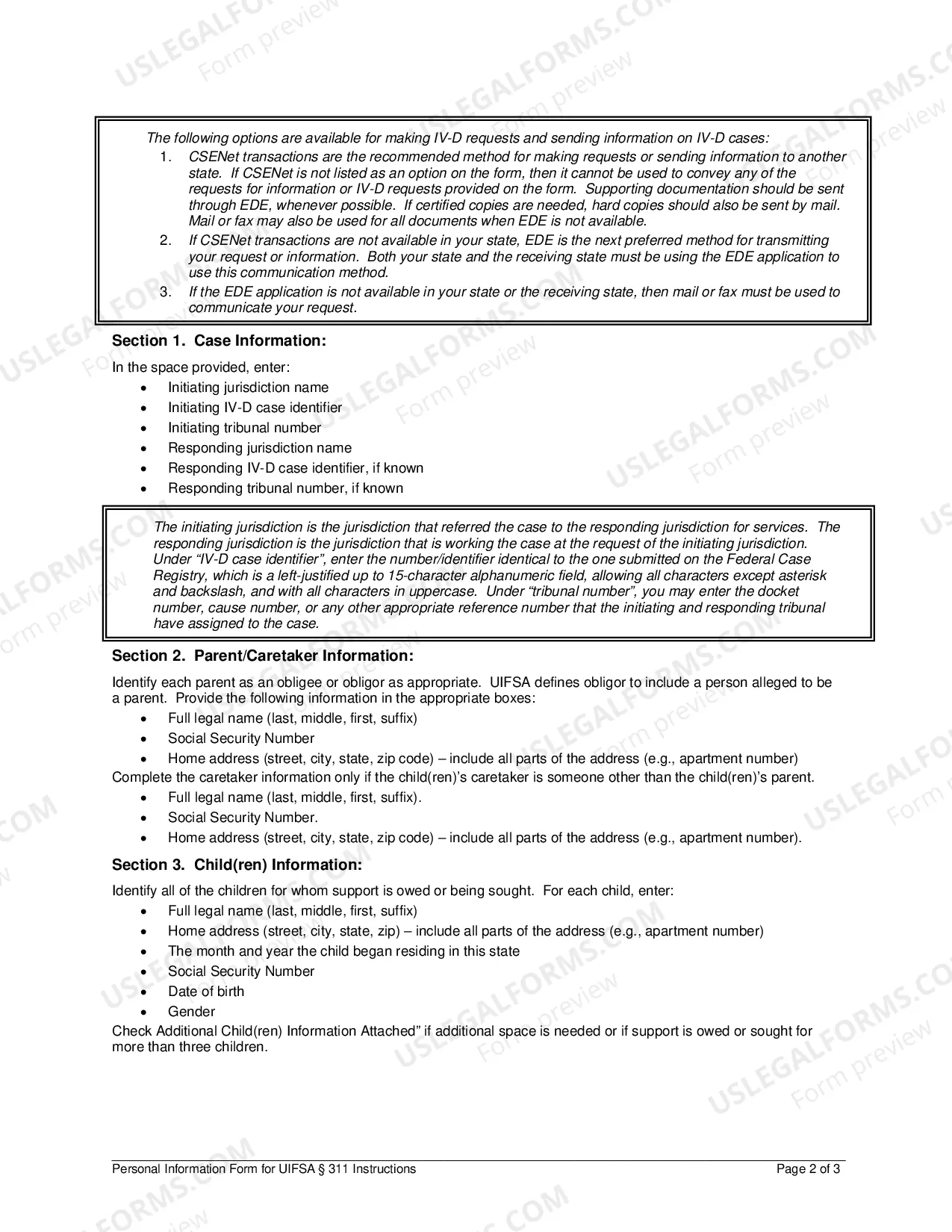 Preview Personal Information Form for UIFSA 311