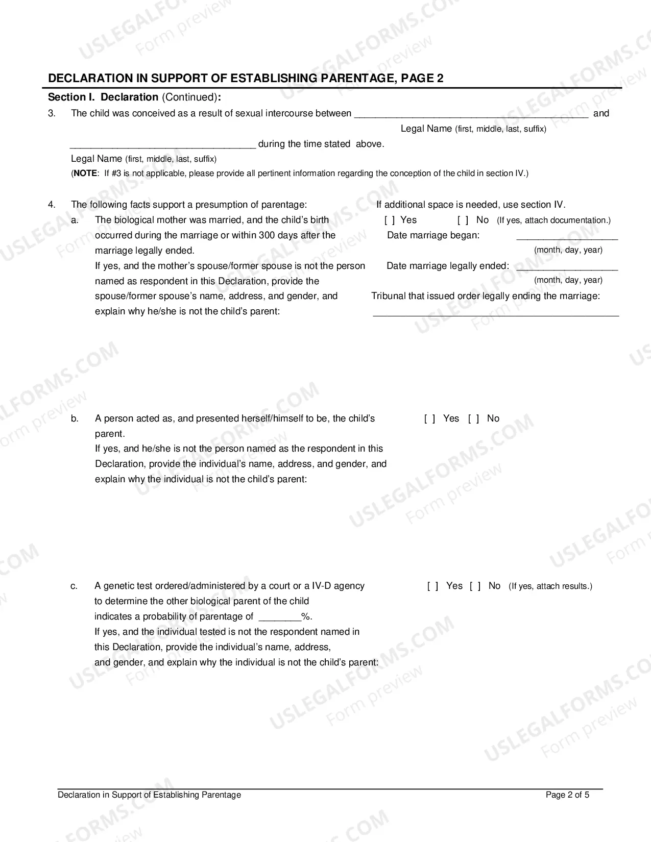 Preview Affidavit In Support of Establishing Paternity