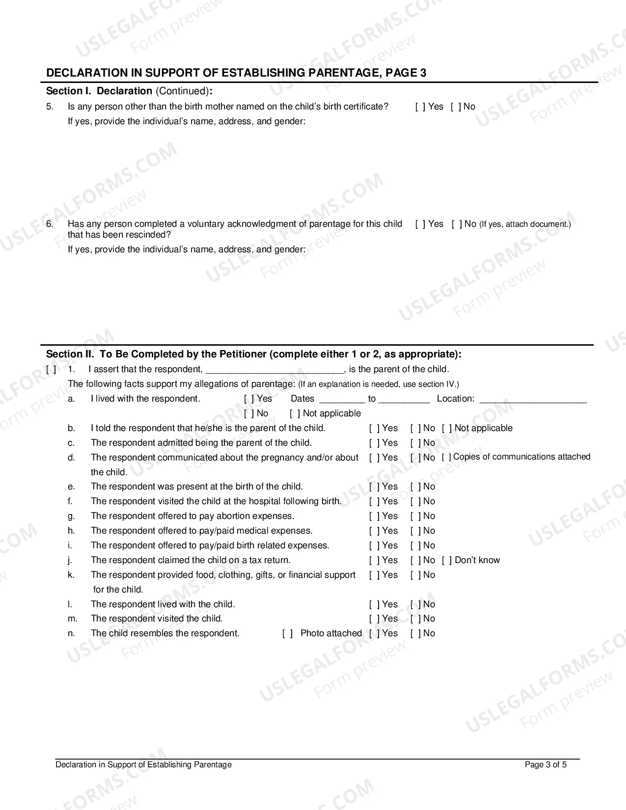 Preview Affidavit In Support of Establishing Paternity