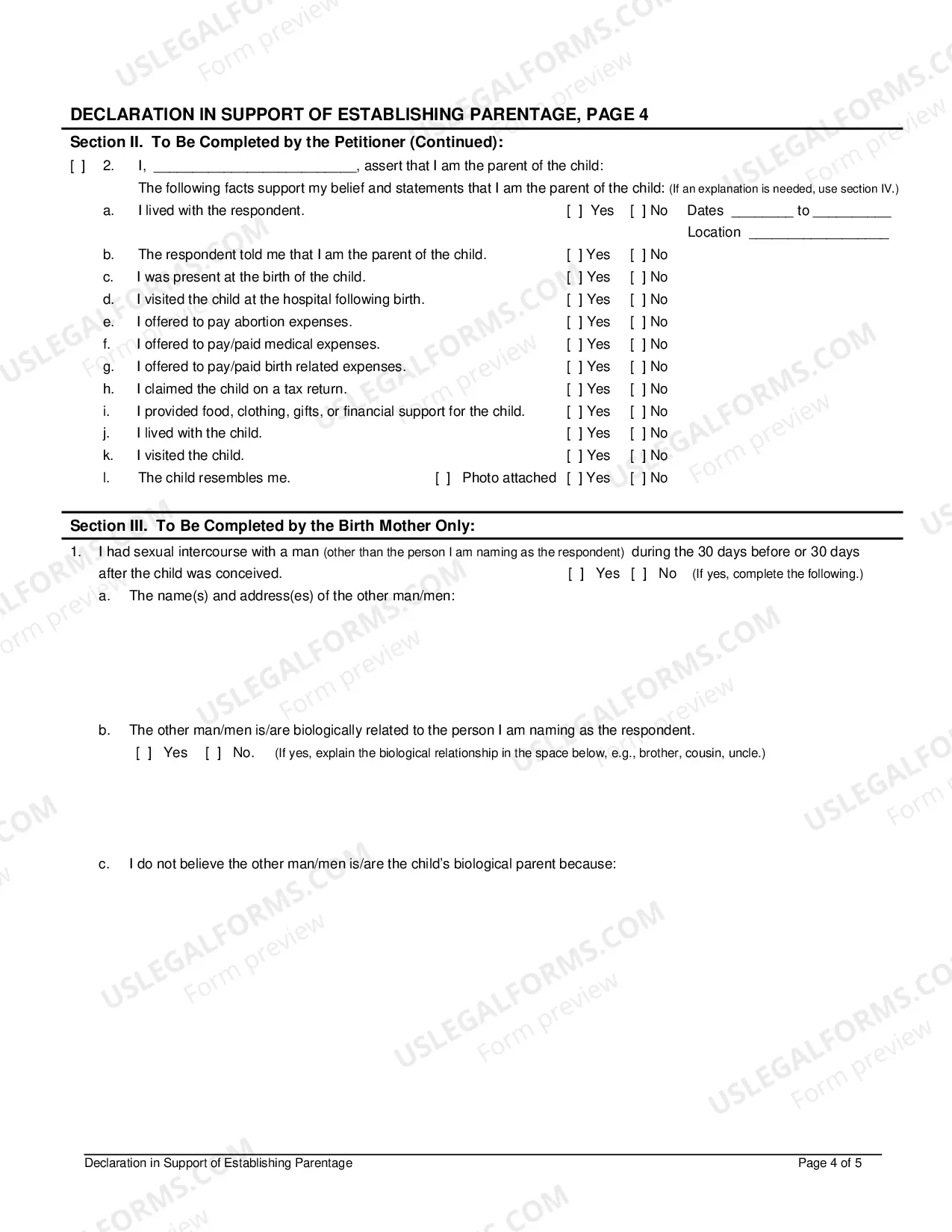 Preview Affidavit In Support of Establishing Paternity