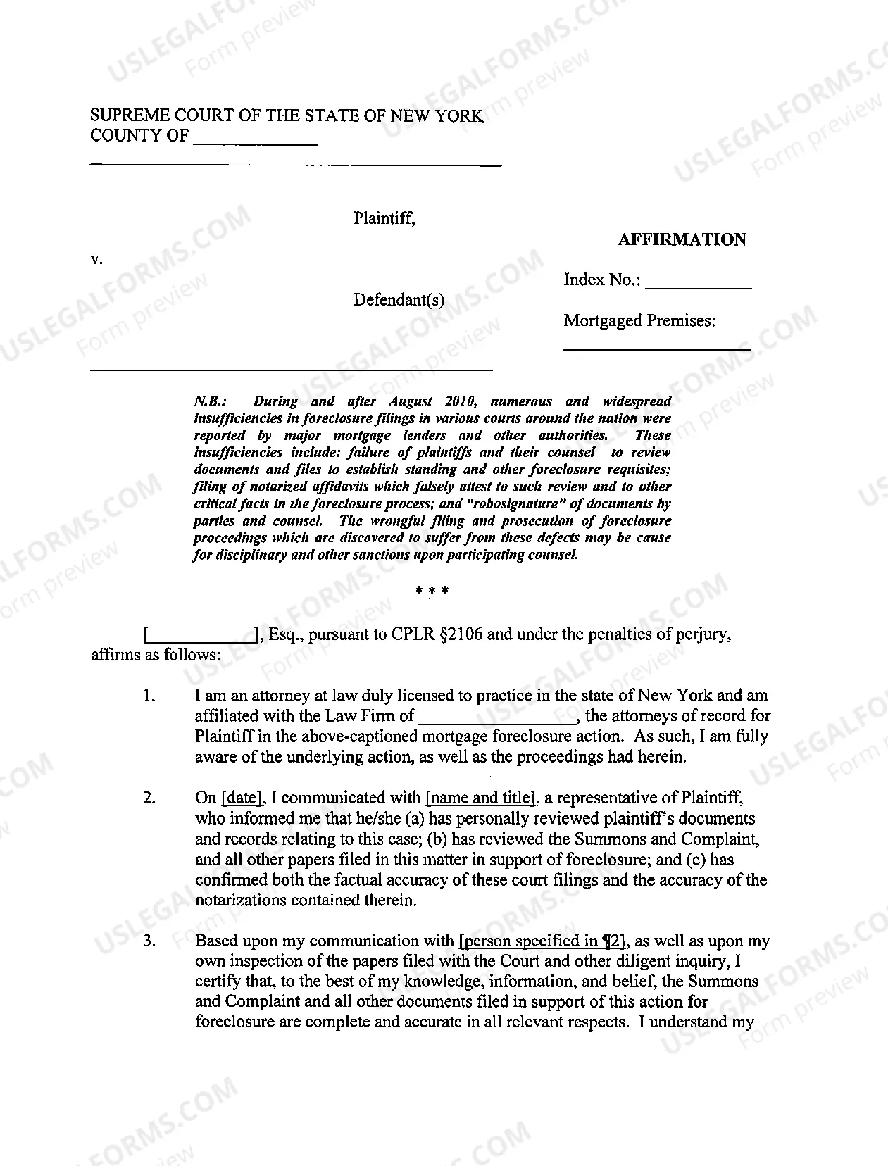 Preview Attorney Affirmation in Residential Foreclosure Actions (with Administrative Order)