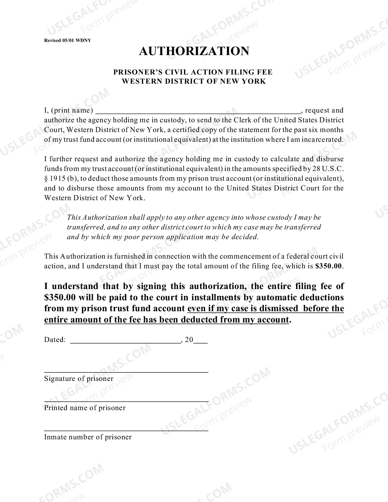 Preview Authorization - Prisoners Civil Action Filing Fee