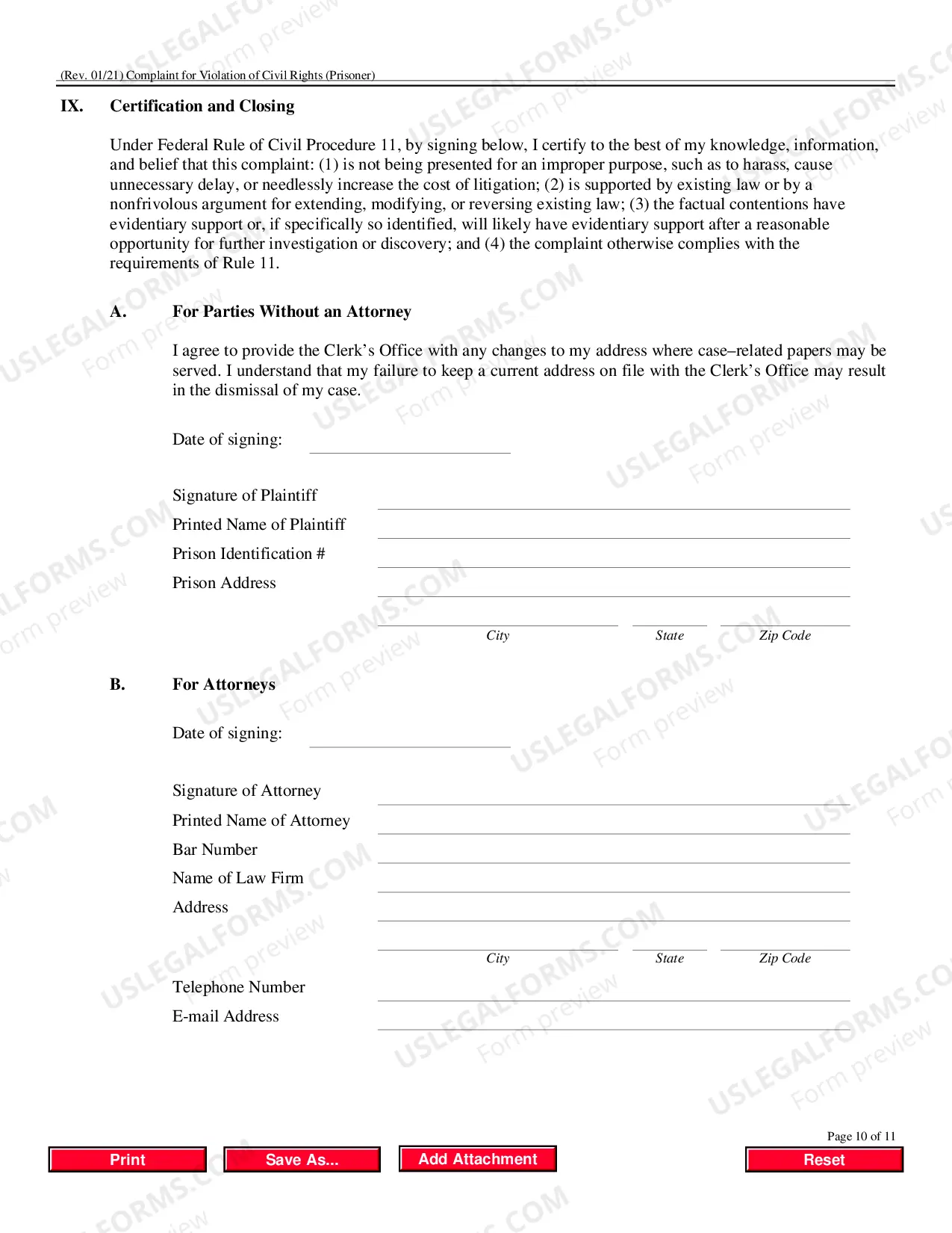 Preview Form To Be Used In Filing Complaint Under Civil Rights Act 42 USC 1983 (Prisoner Complaint Form)