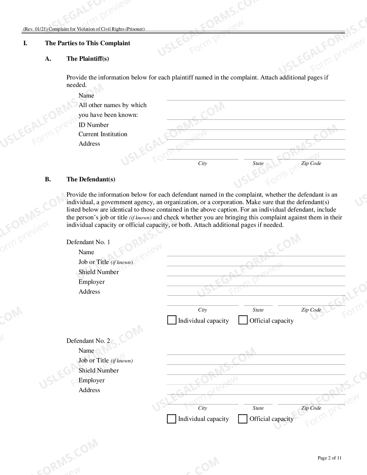 Preview Form To Be Used In Filing Complaint Under Civil Rights Act 42 USC 1983 (Prisoner Complaint Form)