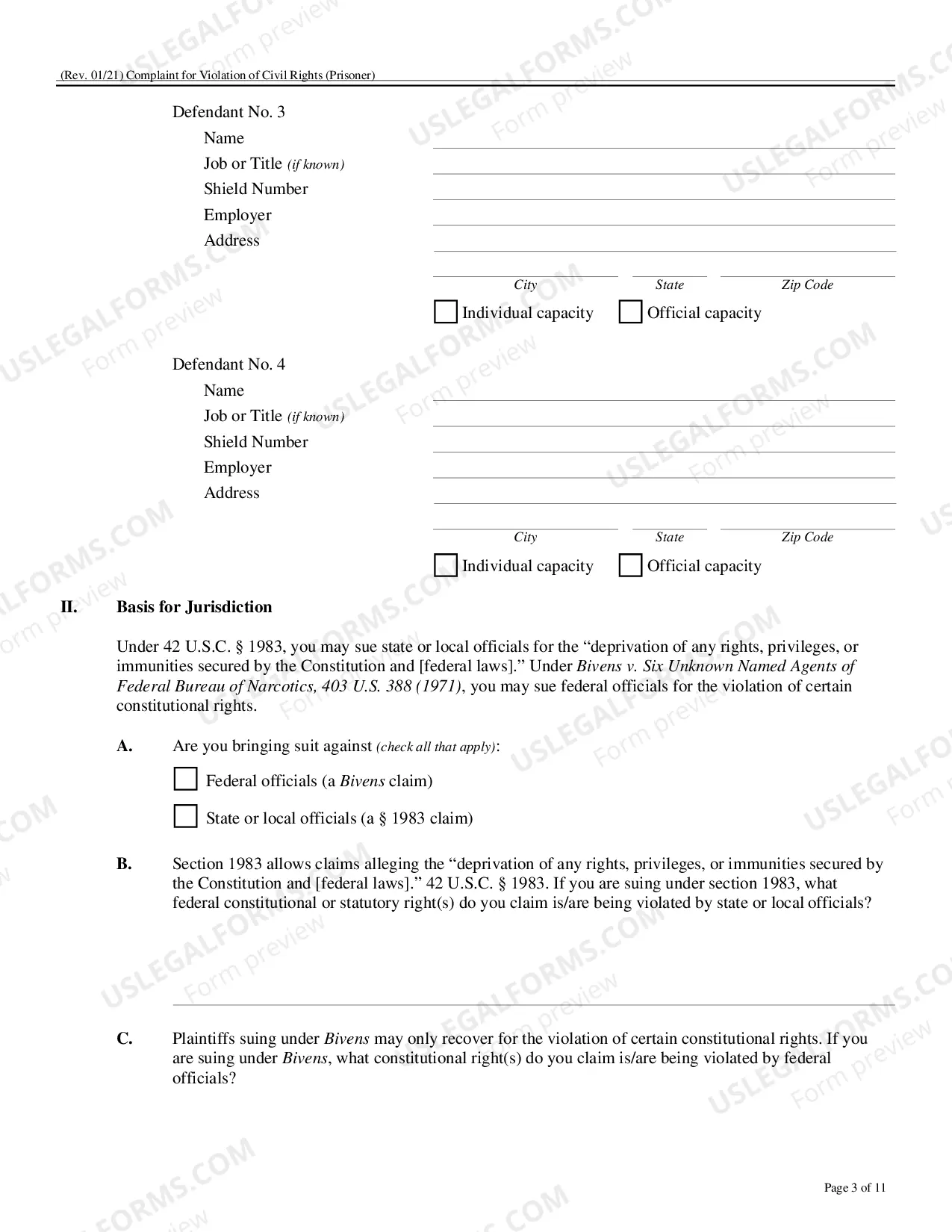 Preview Form To Be Used In Filing Complaint Under Civil Rights Act 42 USC 1983 (Prisoner Complaint Form)