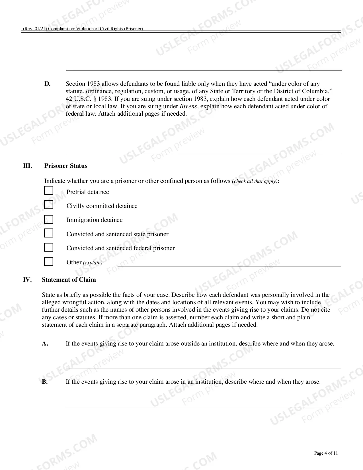 Preview Form To Be Used In Filing Complaint Under Civil Rights Act 42 USC 1983 (Prisoner Complaint Form)