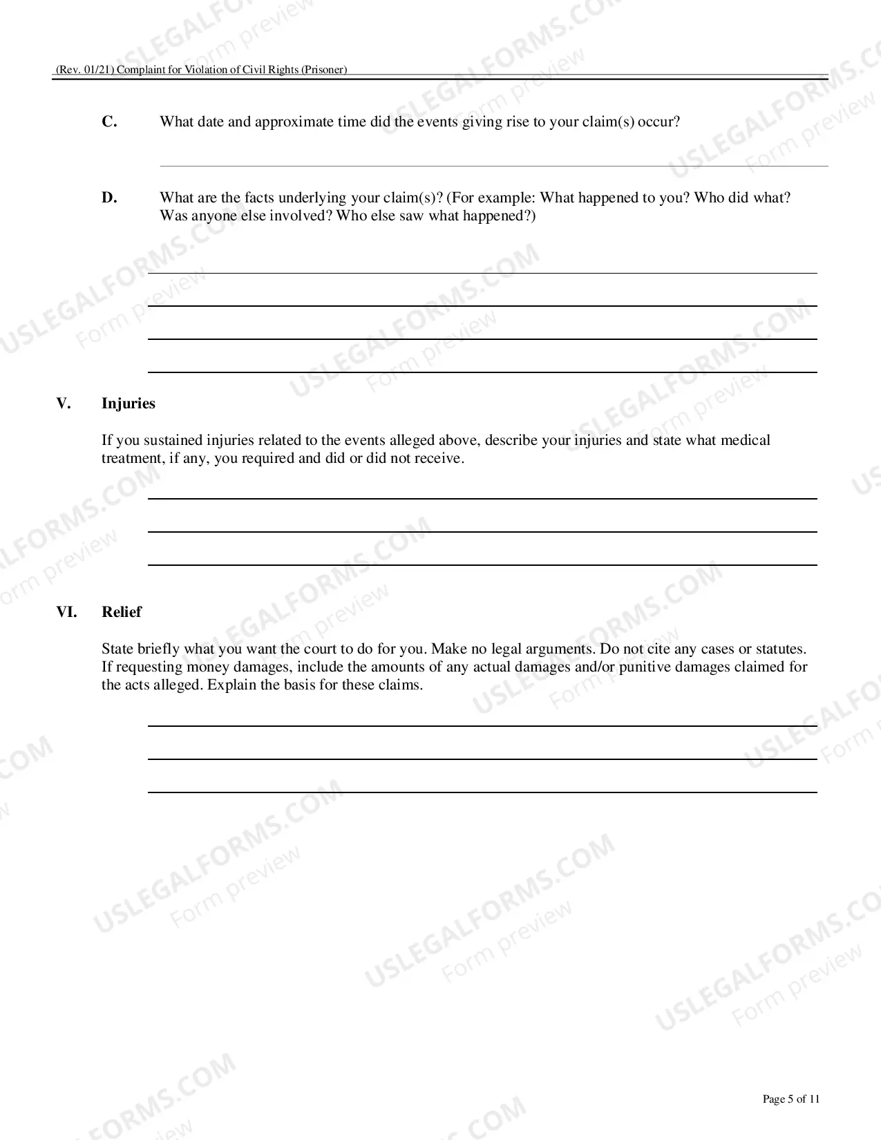 Preview Form To Be Used In Filing Complaint Under Civil Rights Act 42 USC 1983 (Prisoner Complaint Form)
