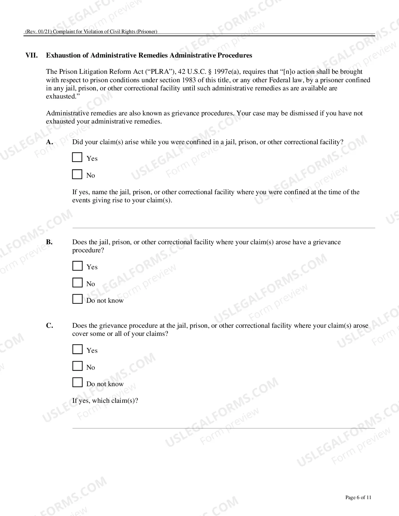 Preview Form To Be Used In Filing Complaint Under Civil Rights Act 42 USC 1983 (Prisoner Complaint Form)