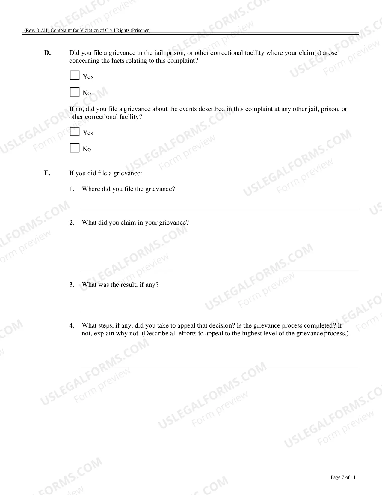 Preview Form To Be Used In Filing Complaint Under Civil Rights Act 42 USC 1983 (Prisoner Complaint Form)