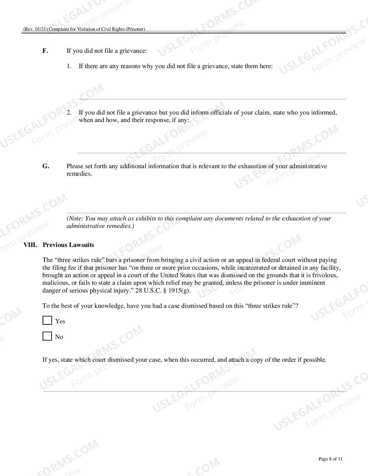 Preview Form To Be Used In Filing Complaint Under Civil Rights Act 42 USC 1983 (Prisoner Complaint Form)