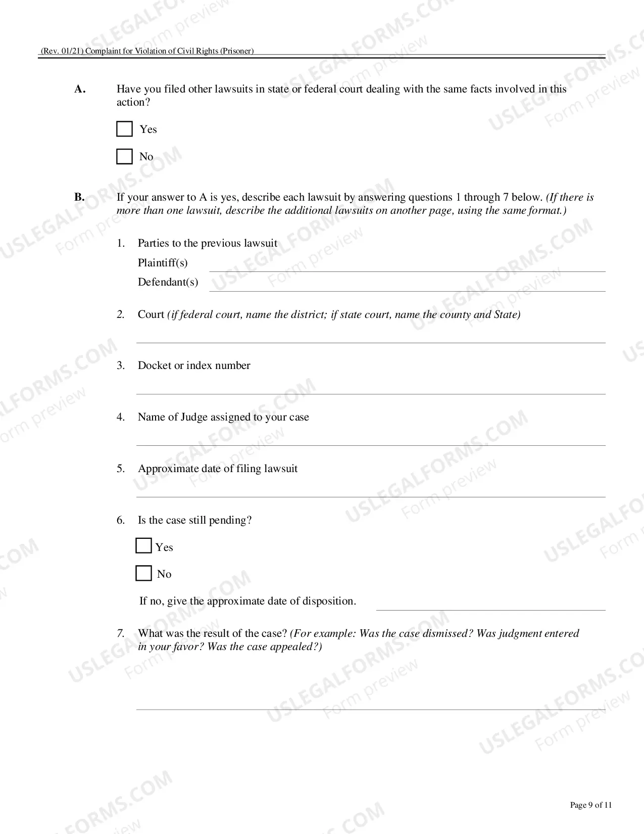 Preview Form To Be Used In Filing Complaint Under Civil Rights Act 42 USC 1983 (Prisoner Complaint Form)
