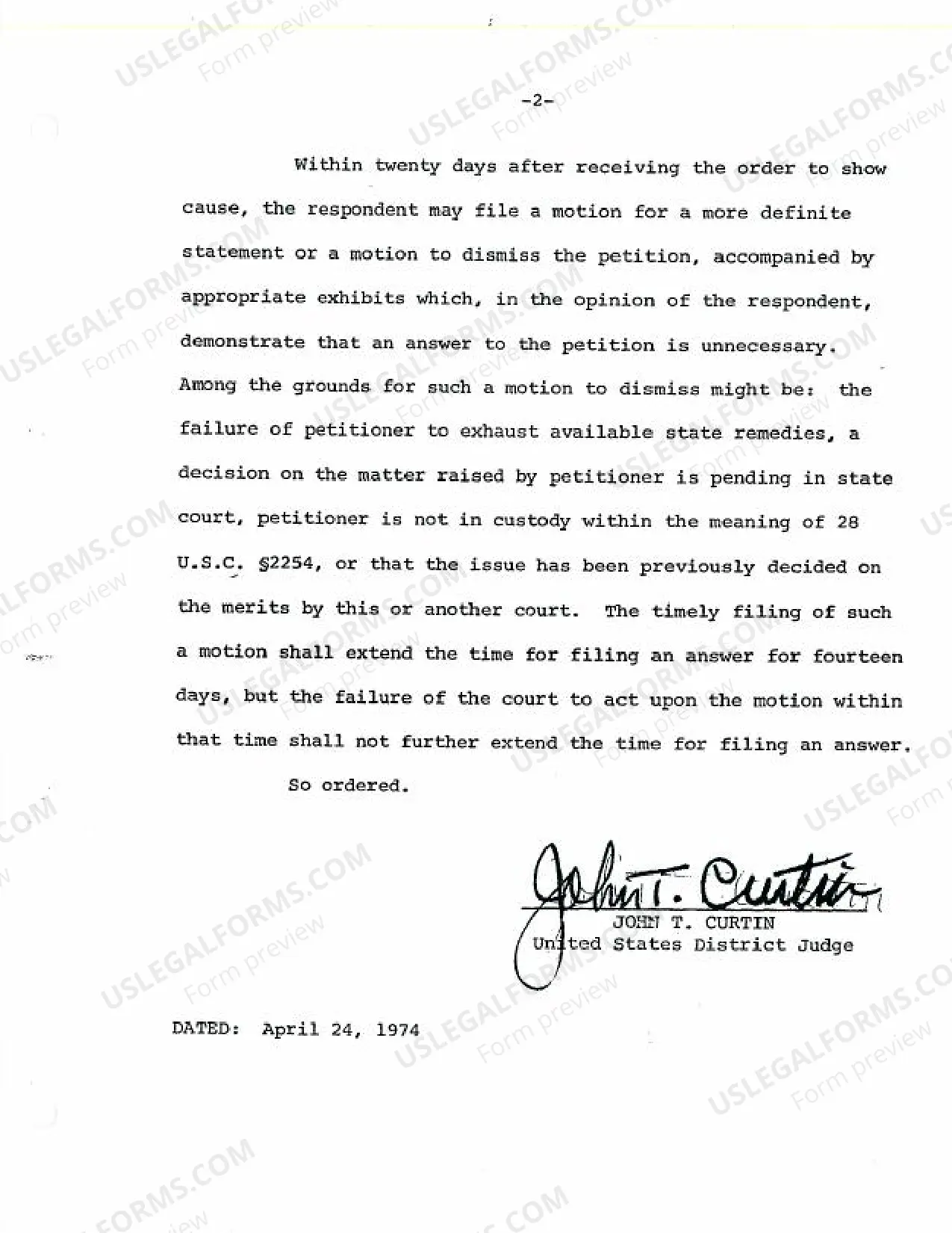 Preview Habeas Corpus Petitions (Response to), April 24, 1974