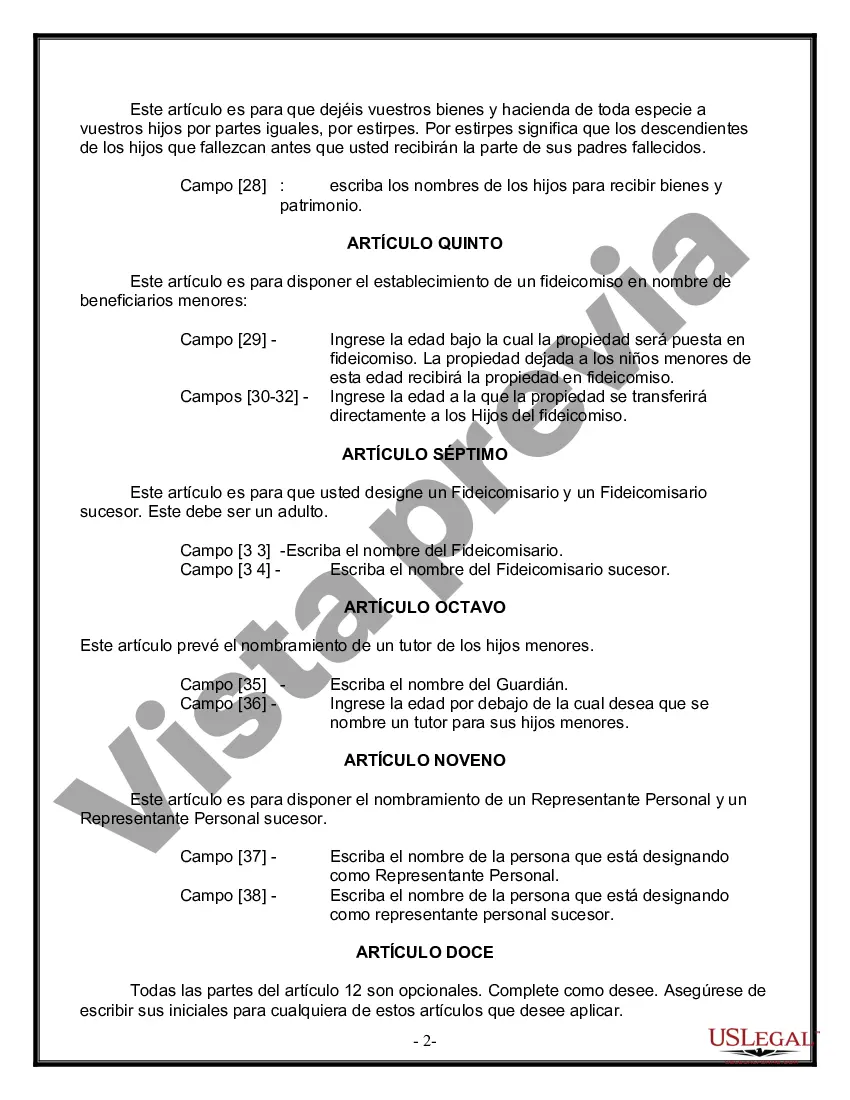 Preview Formulario Legal de Última Voluntad y Testamento para una Persona Soltera con Hijos Menores