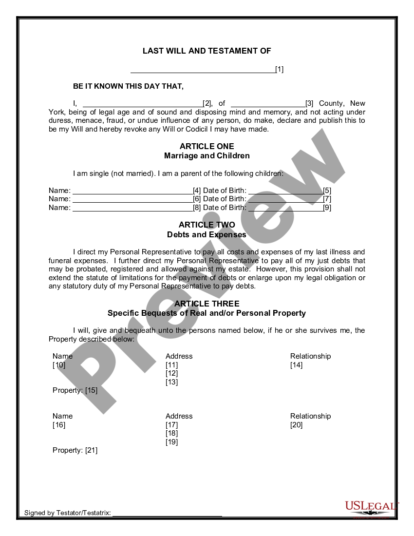 New York Legal Last Will and Testament Form for a Single Person with