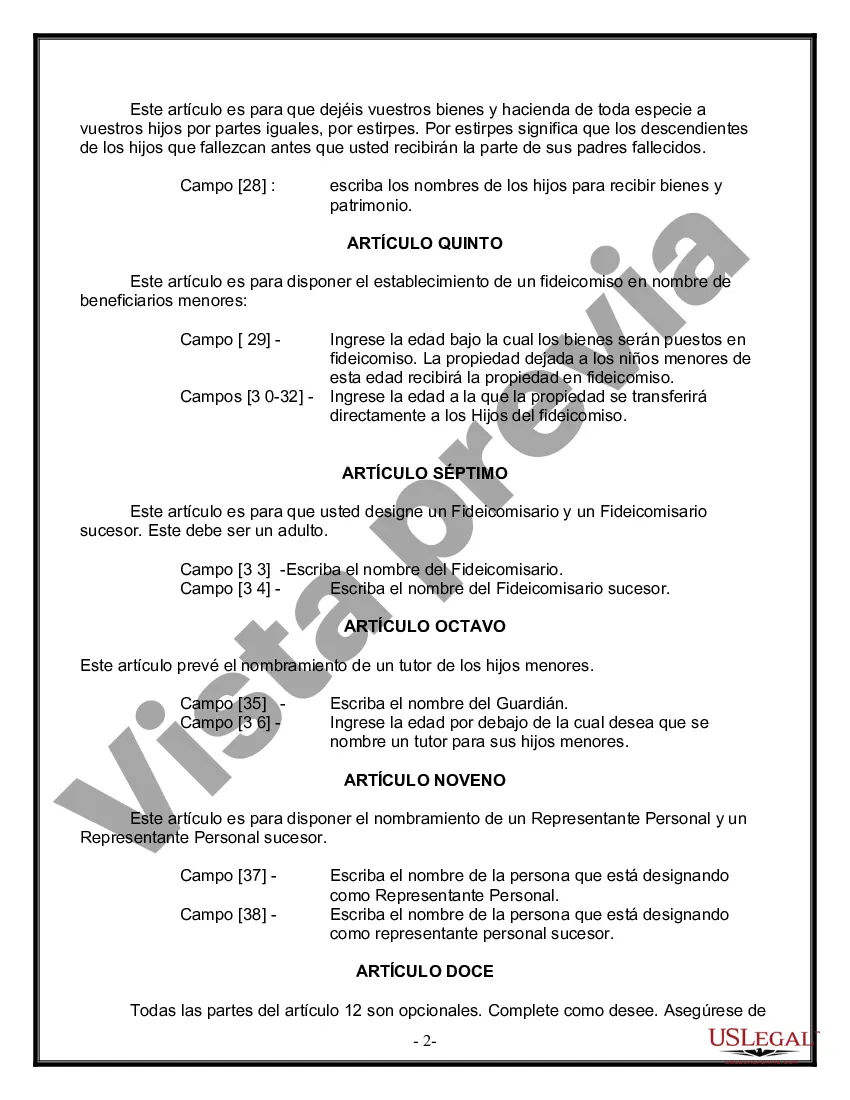 Preview Formulario Legal de Última Voluntad y Testamento para Persona Soltera con Hijos Adultos y Menores