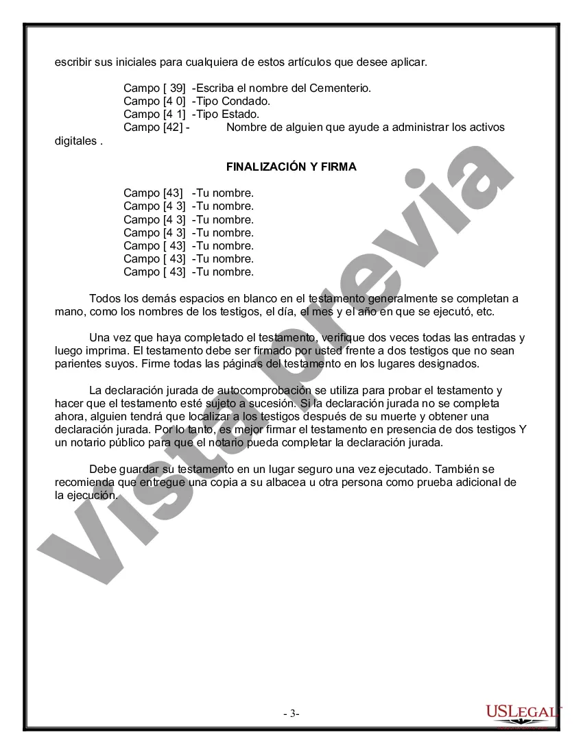 Preview Formulario Legal de Última Voluntad y Testamento para Persona Soltera con Hijos Adultos y Menores