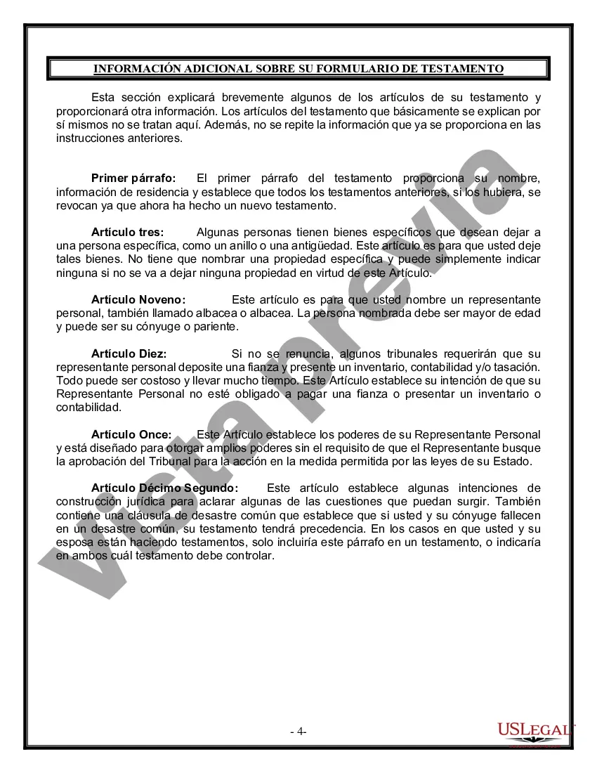 Preview Formulario Legal de Última Voluntad y Testamento para Persona Soltera con Hijos Adultos y Menores