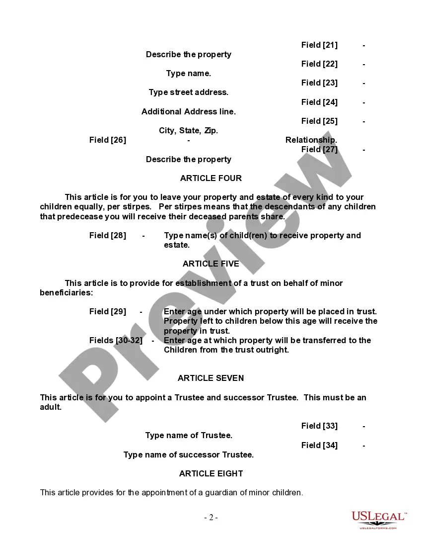 Preview Last Will and Testament for Single Person with Adult and Minor Children
