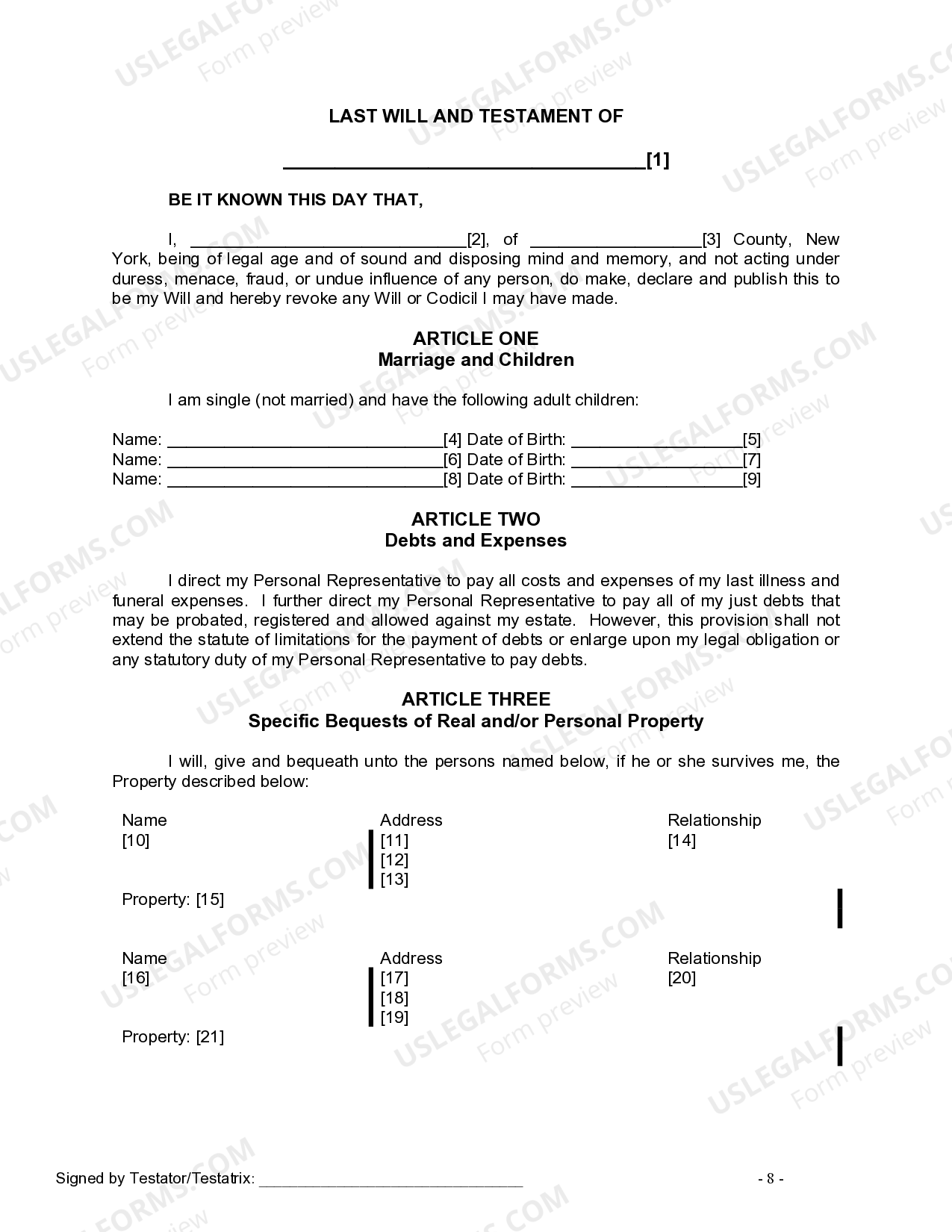 New York Legal Last Will and Testament Form for Single Person with ...