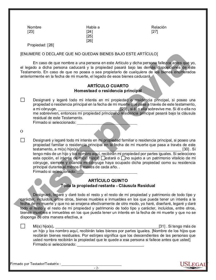 Preview Última voluntad y testamento legal para persona casada con hijos menores de edad de un matrimonio anterior