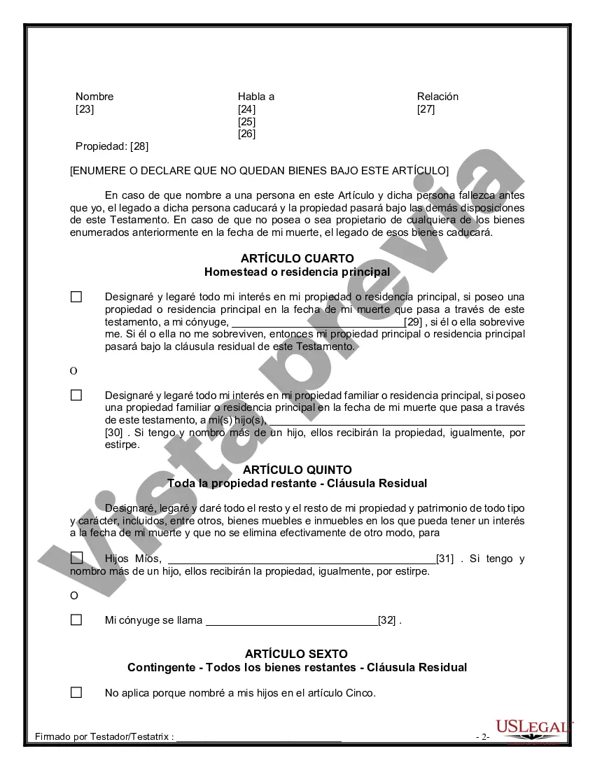 Preview Formulario de última voluntad y testamento legal para una persona casada con hijos adultos de un matrimonio anterior