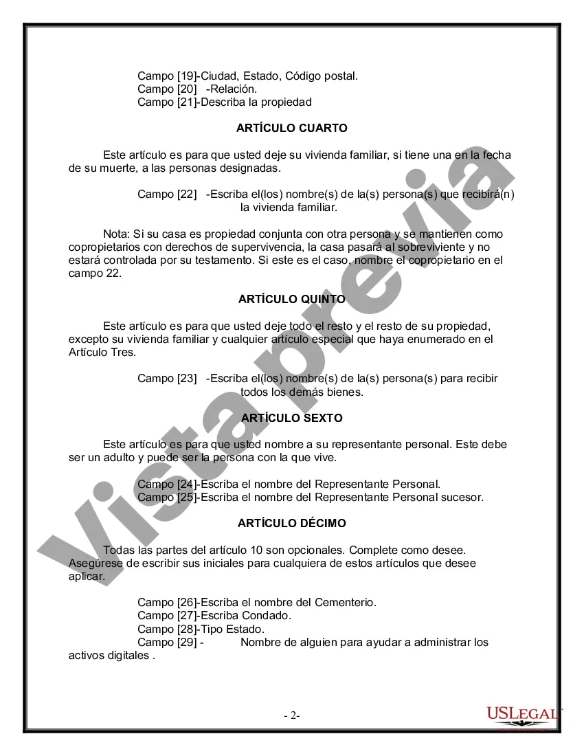 Preview Formulario de última voluntad y testamento legal para personas divorciadas que no se han vuelto a casar y no tienen hijos