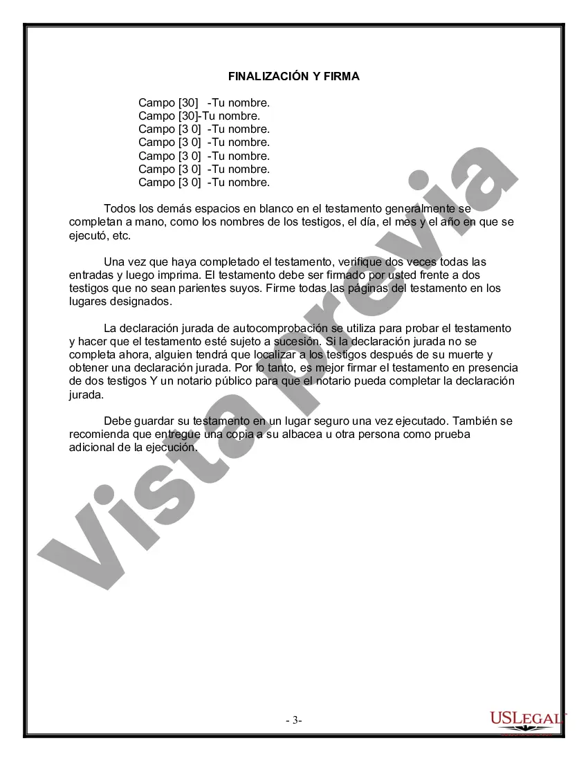 Preview Formulario de última voluntad y testamento legal para personas divorciadas que no se han vuelto a casar y no tienen hijos