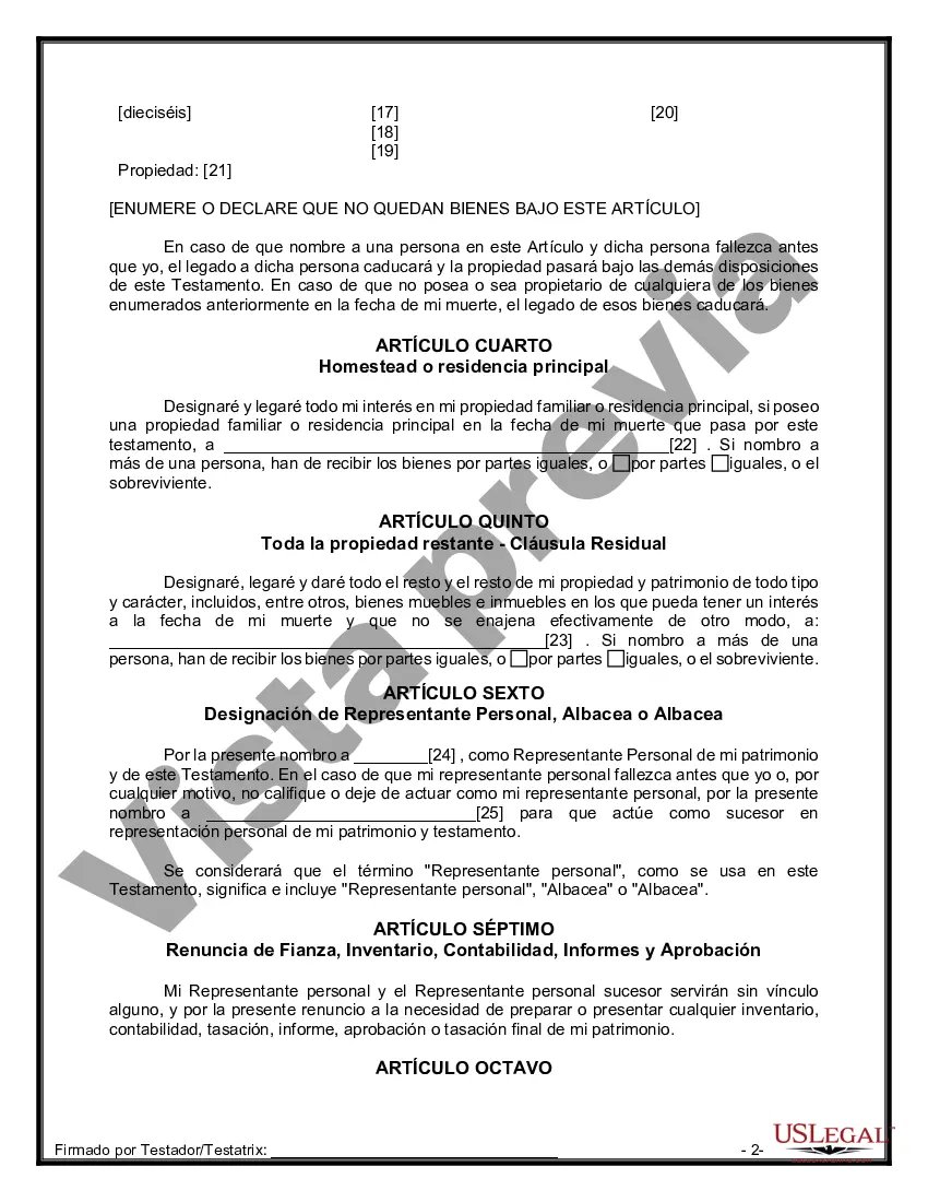 Preview Formulario de última voluntad y testamento legal para personas divorciadas que no se han vuelto a casar y no tienen hijos