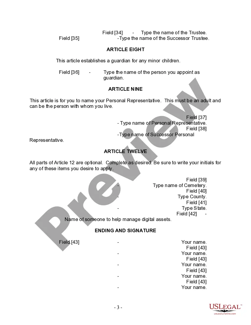 Preview Last Will and Testament for Divorced person not Remarried with Minor Children