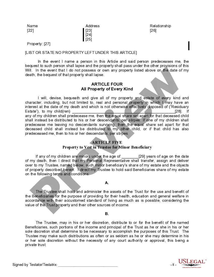 Preview Last Will and Testament for Divorced person not Remarried with Minor Children