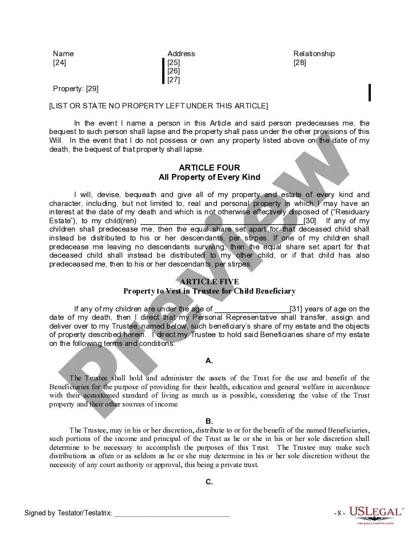 Preview Last Will and Testament for Divorced Person Not Remarried with Adult and Minor Children