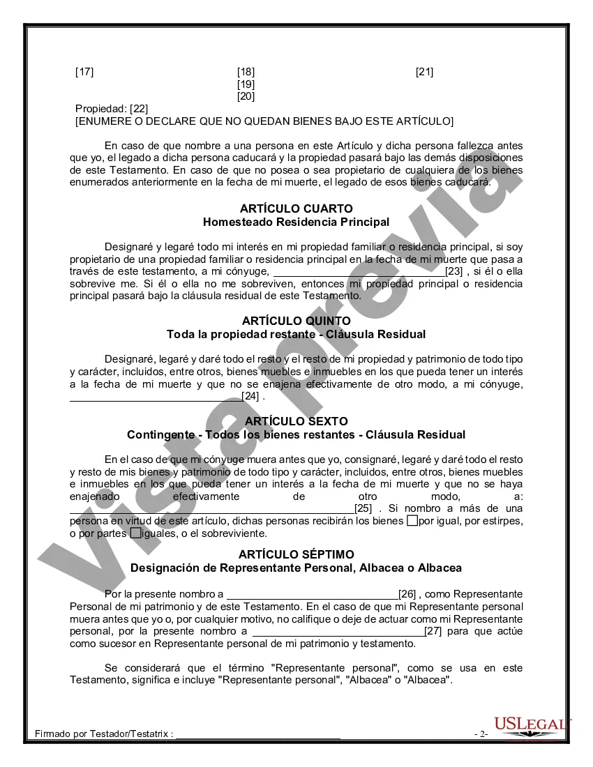 Preview Formulario de última voluntad y testamento legal para una persona casada sin hijos