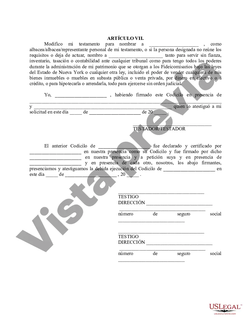 Preview Codicilo al formulario de testamento para enmendar su testamento - Cambios o enmiendas de testamento